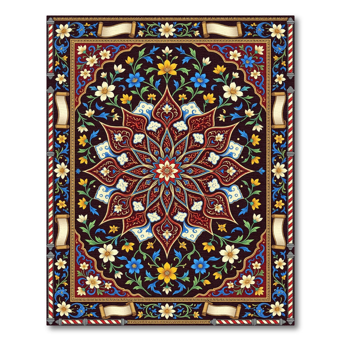 Deep Crimson Floral Inlay Medallion Rug