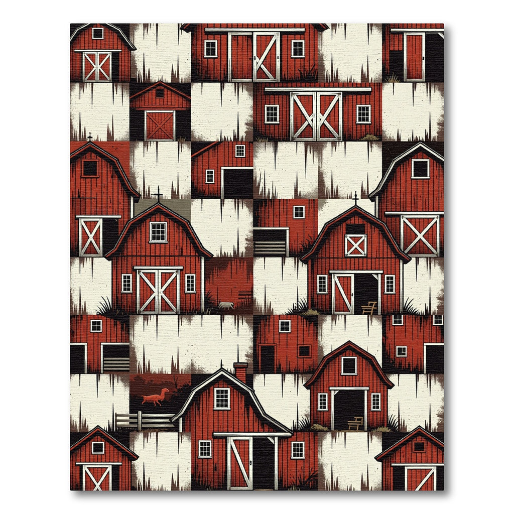 Red Farmhouse Barn Scattered Collage Rug