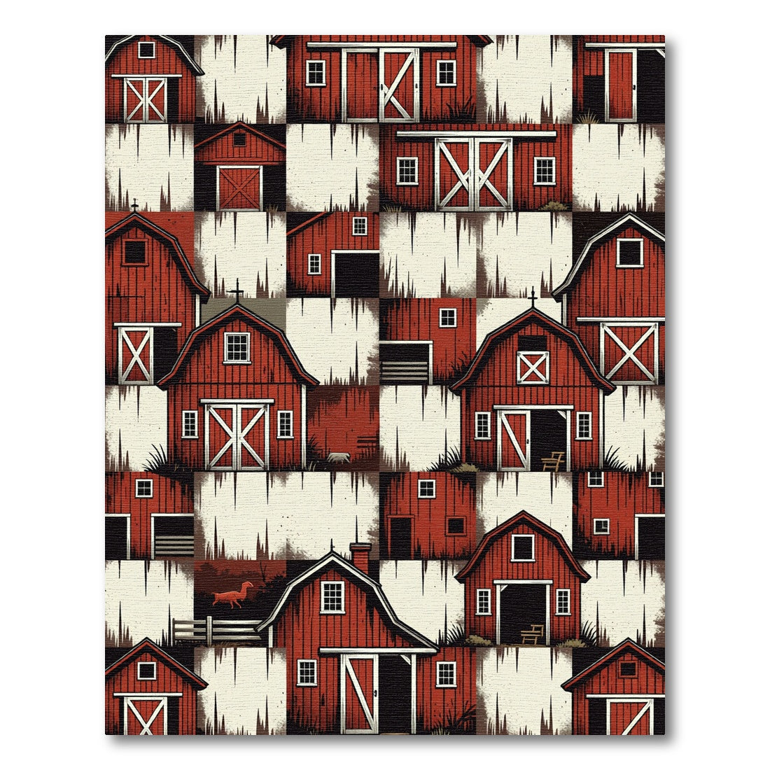 Red Farmhouse Barn Scattered Collage Rug