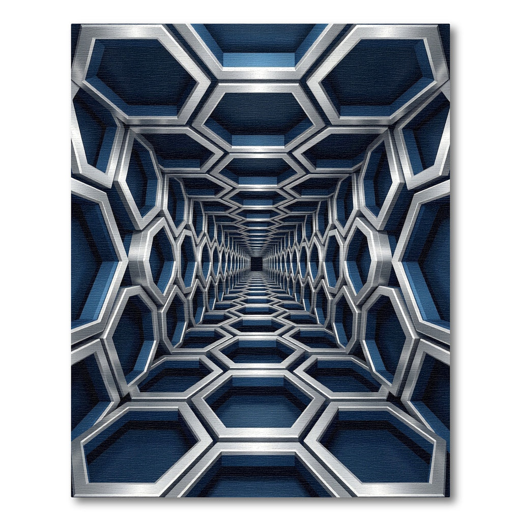 Modern Navy Metallic Geometric Hexagon Tunnel Rug