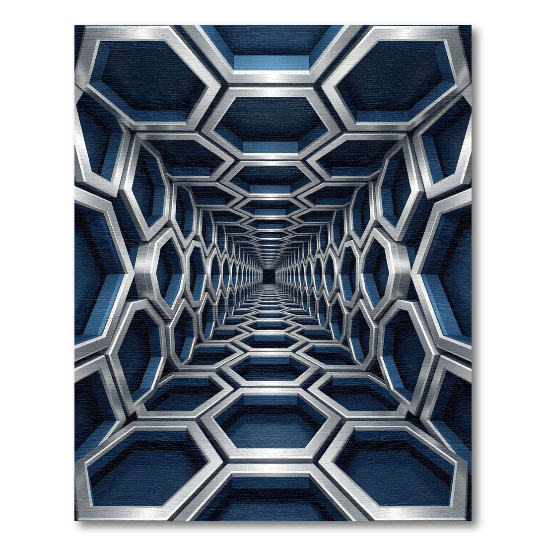 Modern Navy Metallic Geometric Hexagon Tunnel Rug