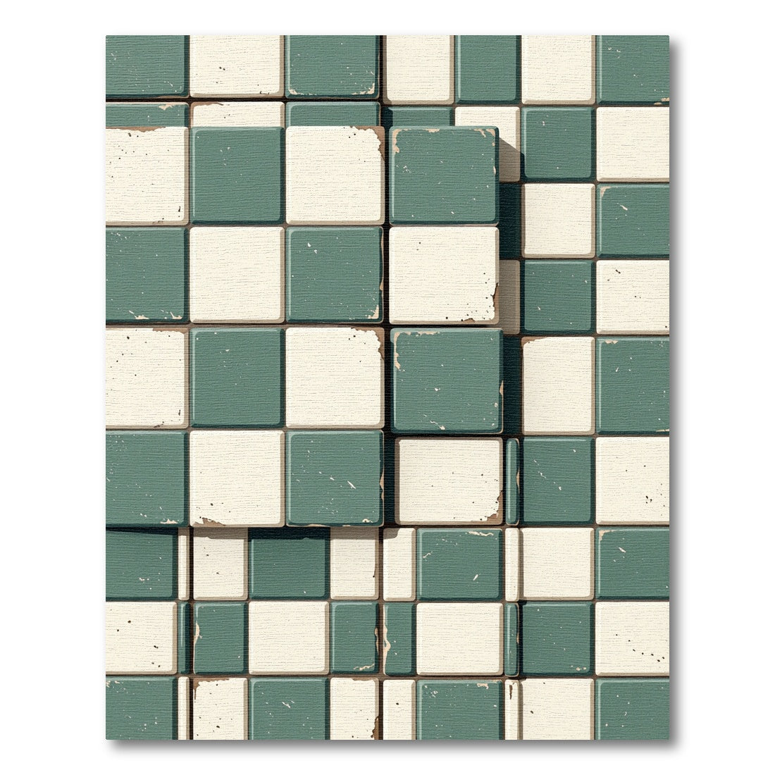 Distressed Sage and Cream Checkerboard Grid Rug