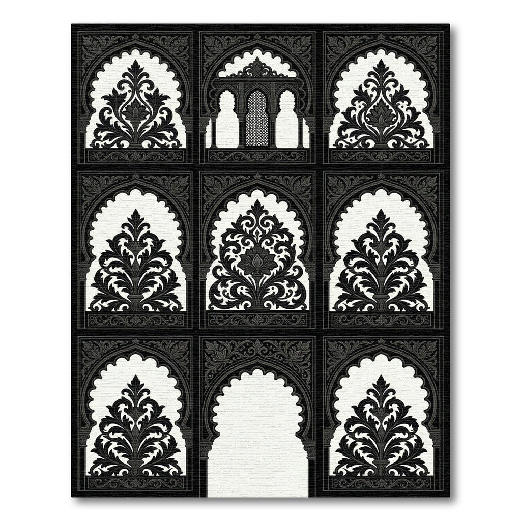 Black White Archway Arabesque Floral Rug