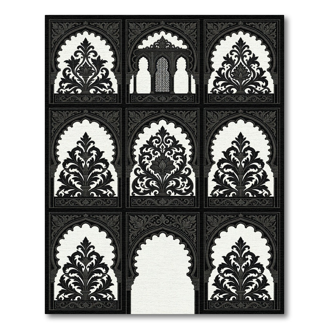 Black White Archway Arabesque Floral Rug