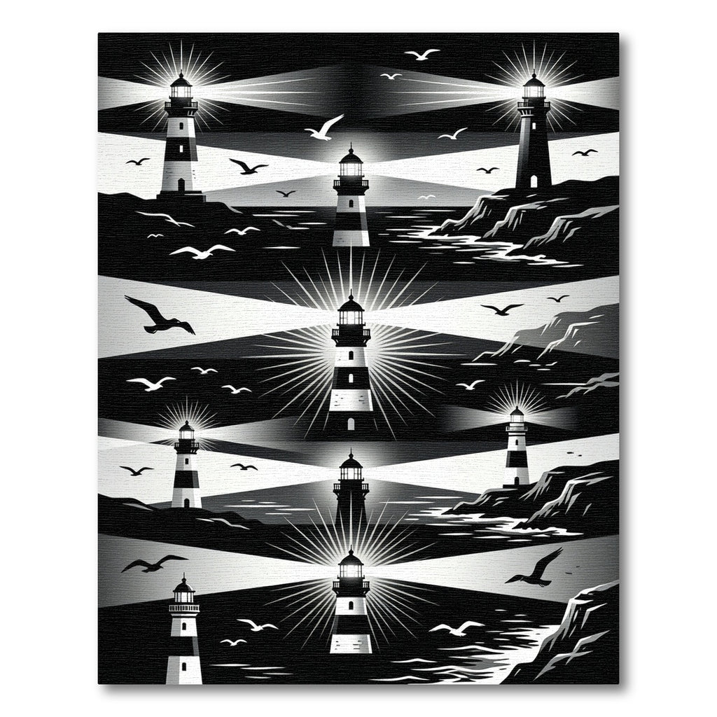 Monochromatic Coastal Lighthouse Graphic Art Rug