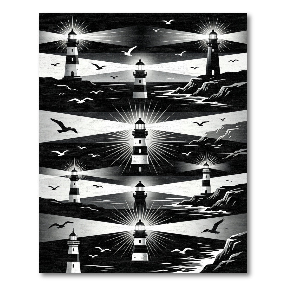 Monochromatic Coastal Lighthouse Graphic Art Rug