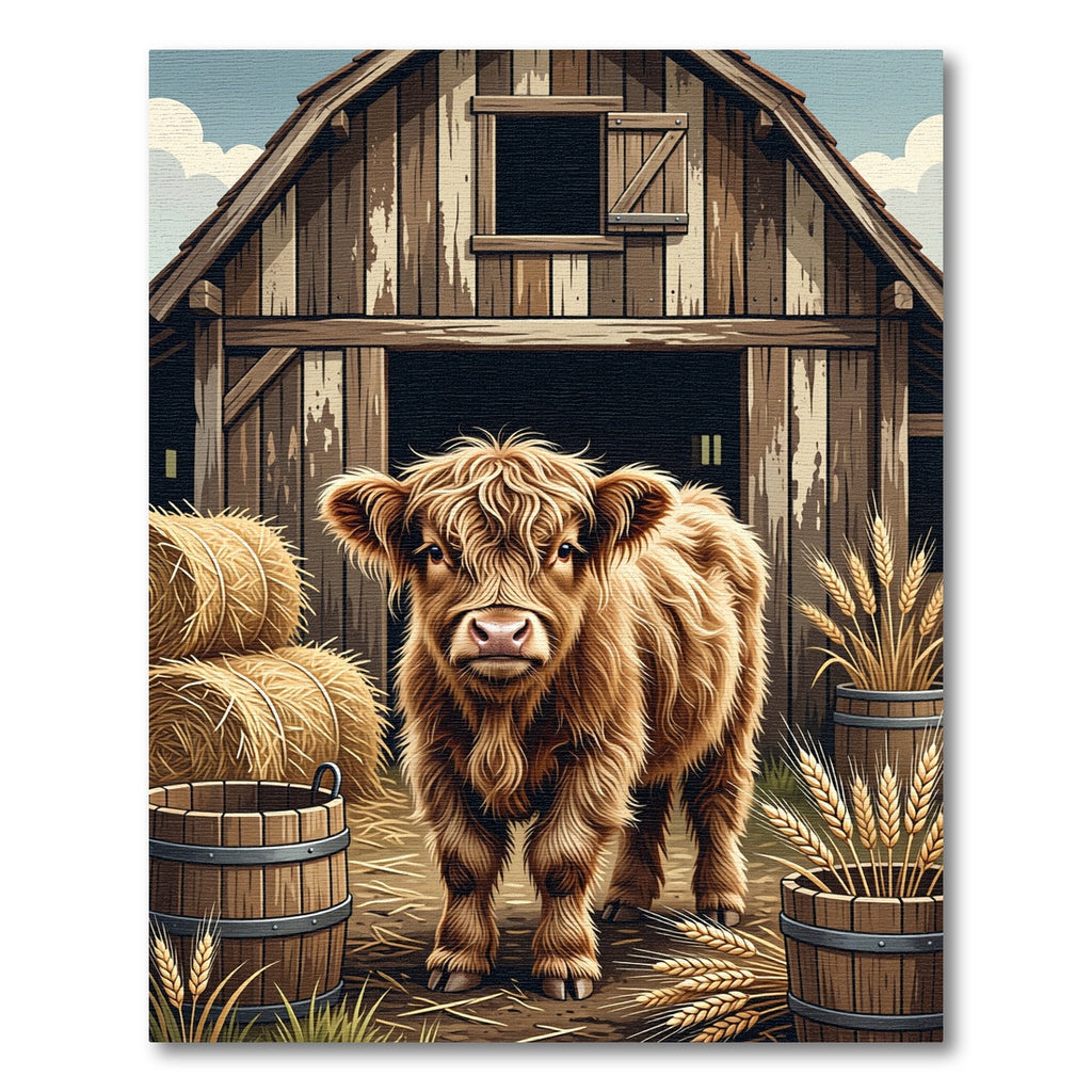 Rustic Highland Calf Farmyard Scene Rug
