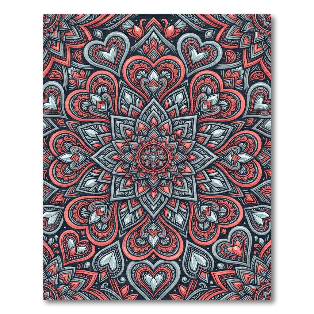 Coral and Slate Heart Mandala Rug