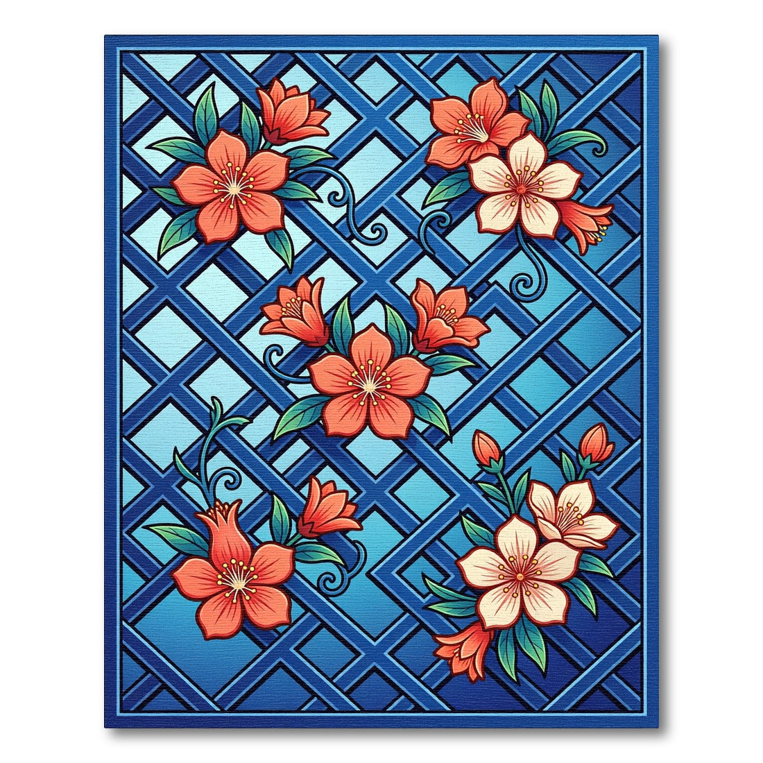 Coral Blossom Lattice Blue Rug