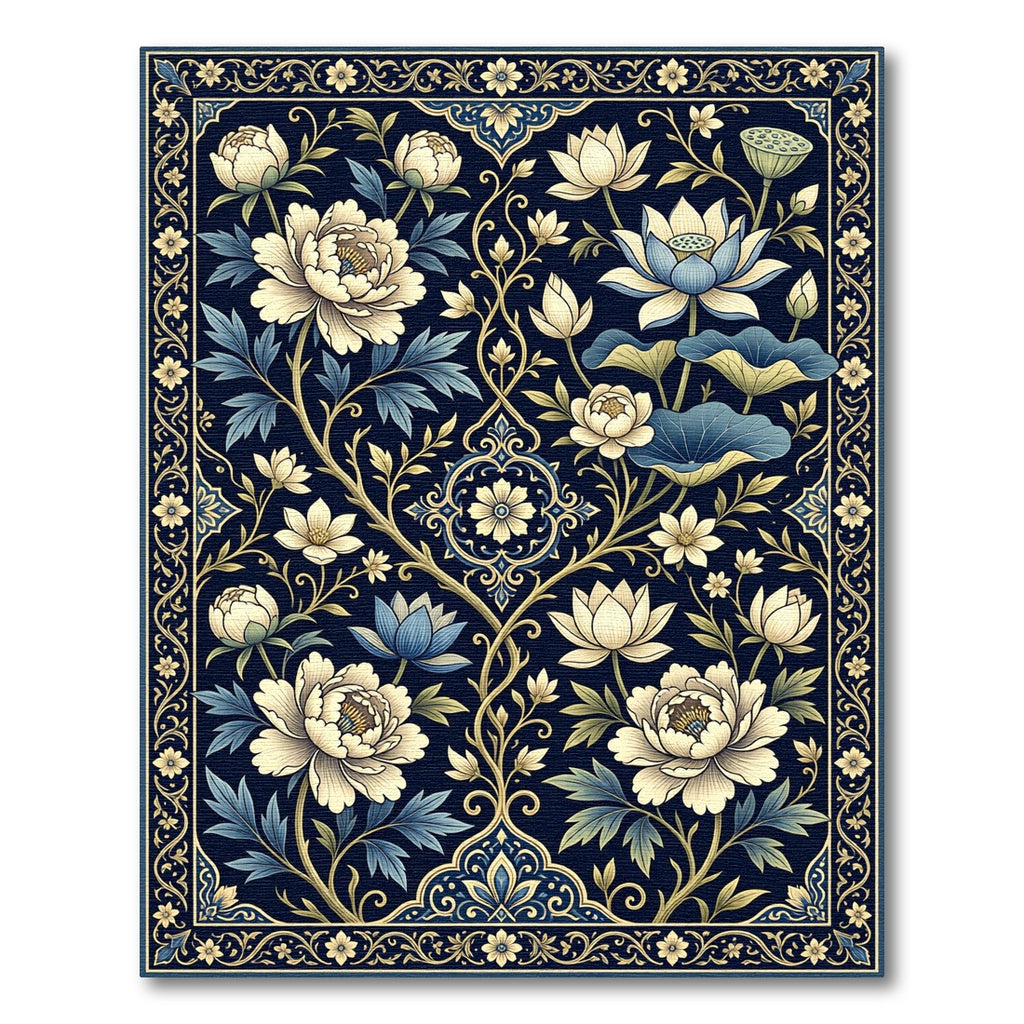 Navy Blue Peony and Lotus Garden Rug