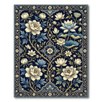 Navy Blue Peony and Lotus Garden Rug
