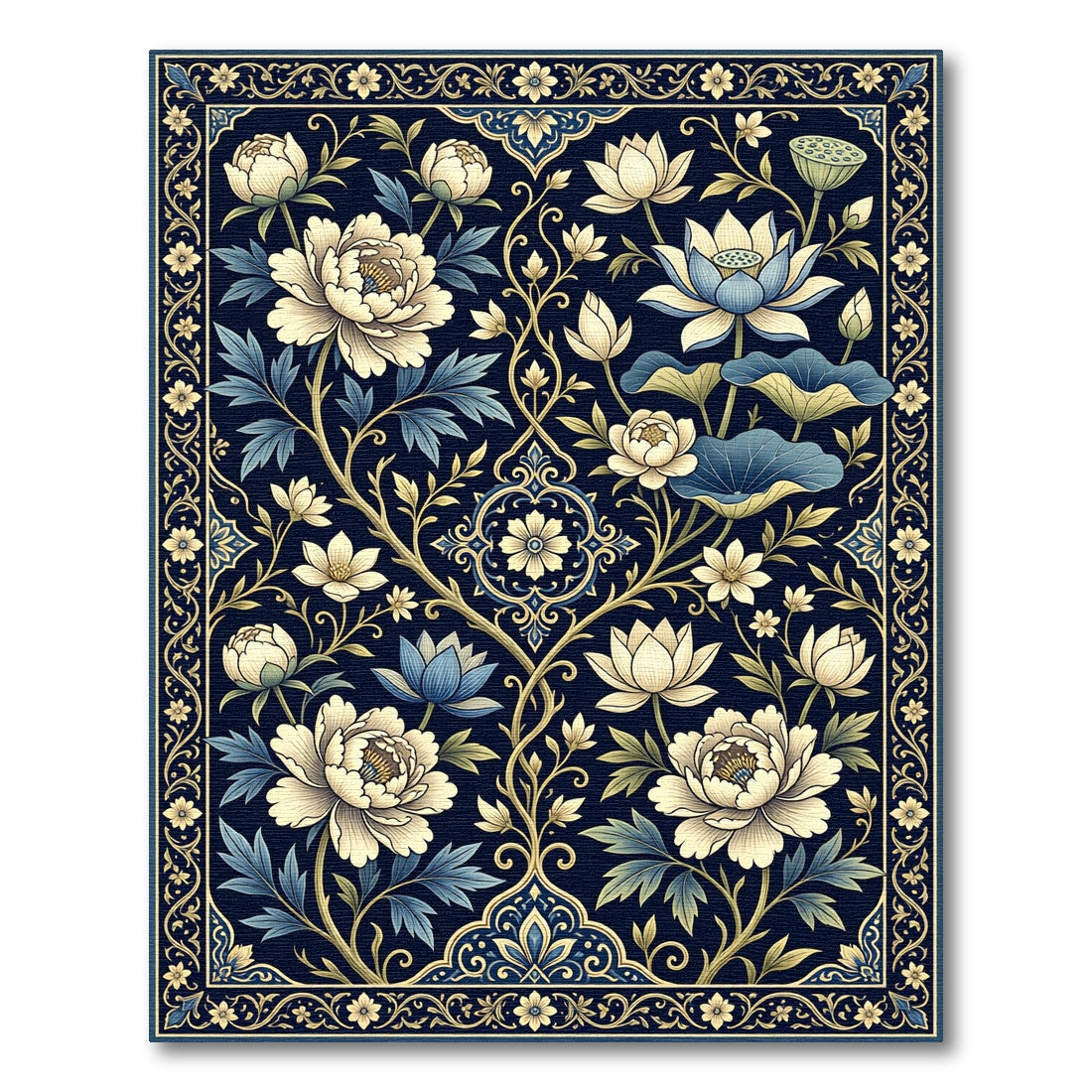 Navy Blue Peony and Lotus Garden Rug