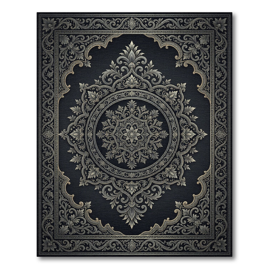 Ornate Charcoal Silver Floral Medallion Rug