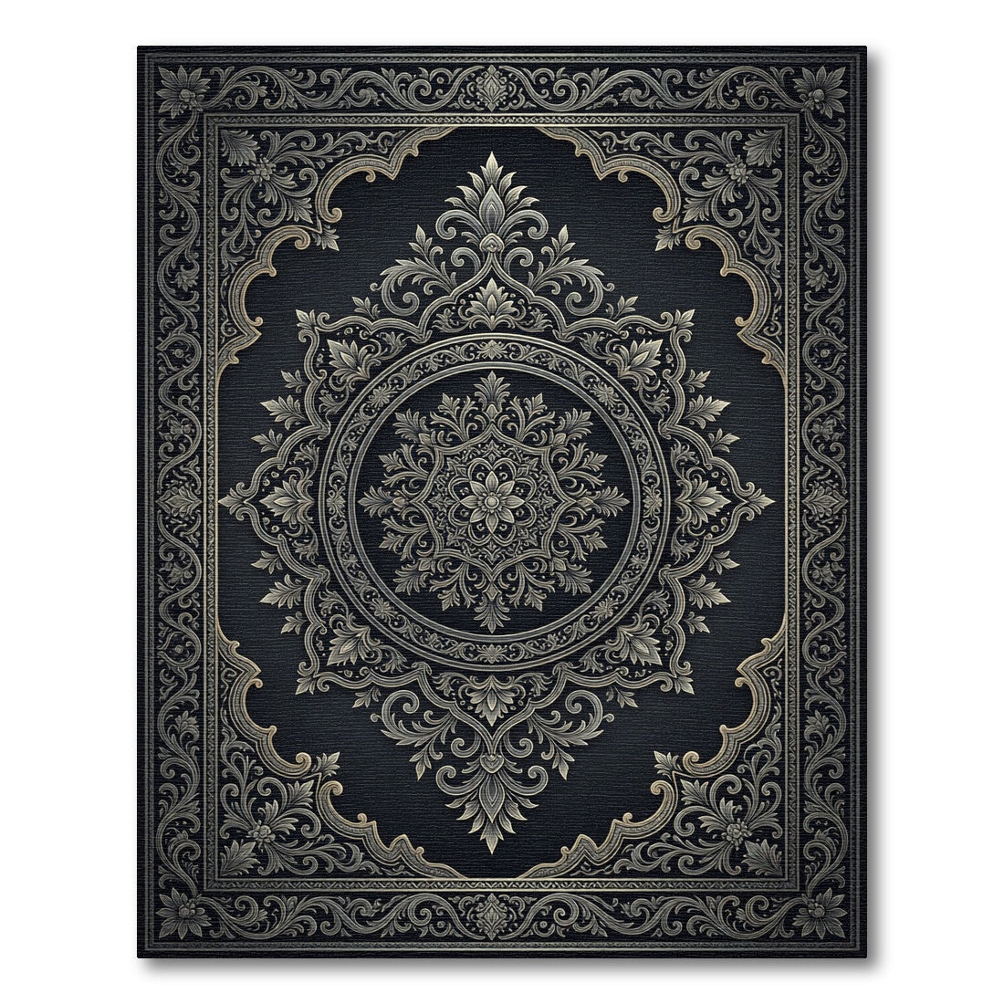 Ornate Charcoal Silver Floral Medallion Rug