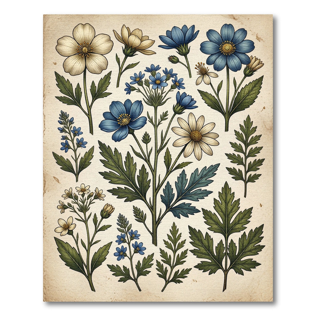 Vintage Blue and Cream Botanical Meadow Rug