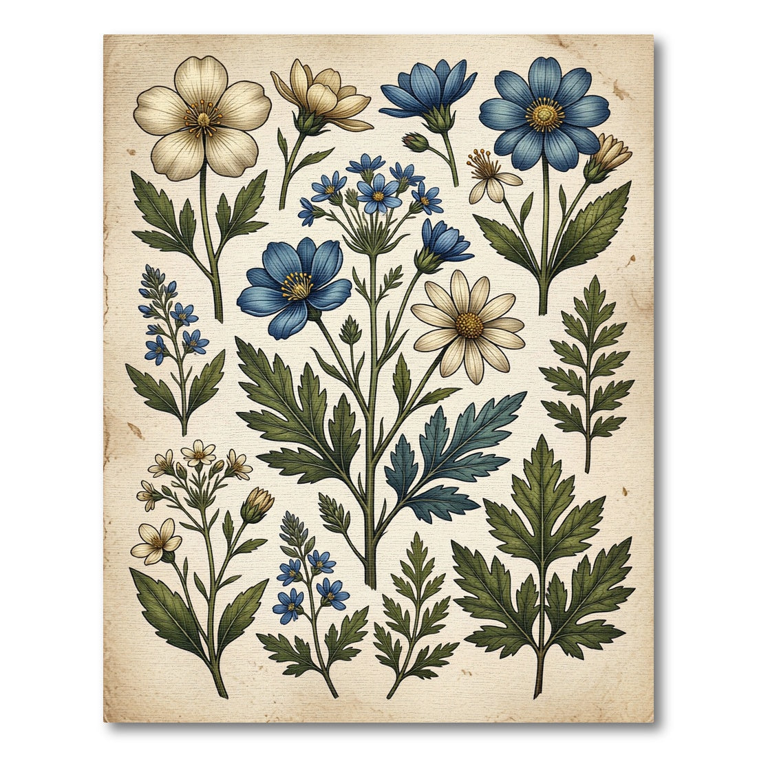 Vintage Blue and Cream Botanical Meadow Rug