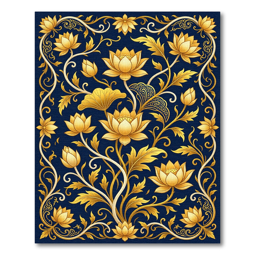 Golden Lotus Floral Navy Scrollwork Rug