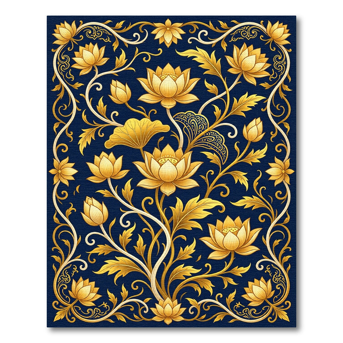 Golden Lotus Floral Navy Scrollwork Rug