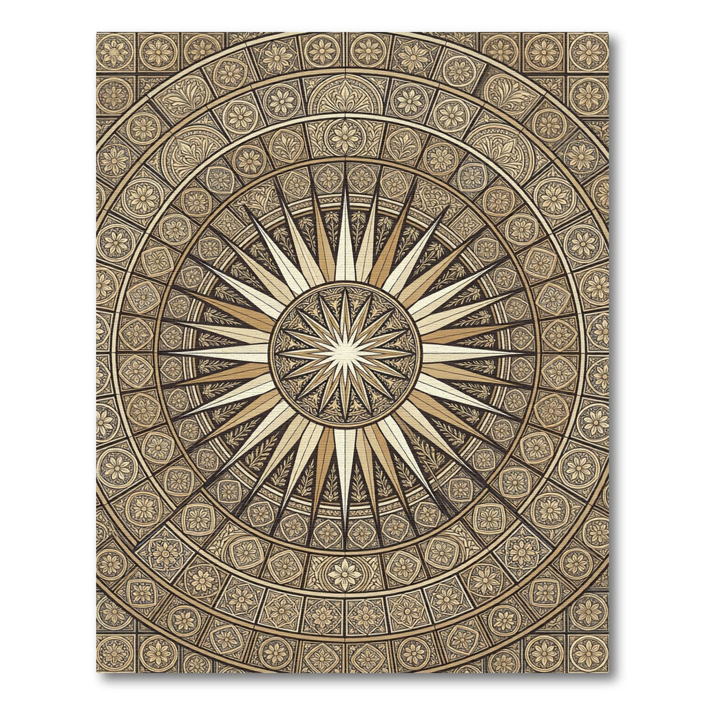 Golden Sunburst Medallion Circular Tile Rug