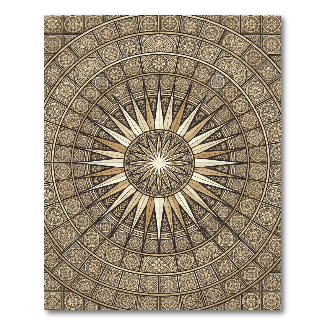 Golden Sunburst Medallion Circular Tile Rug