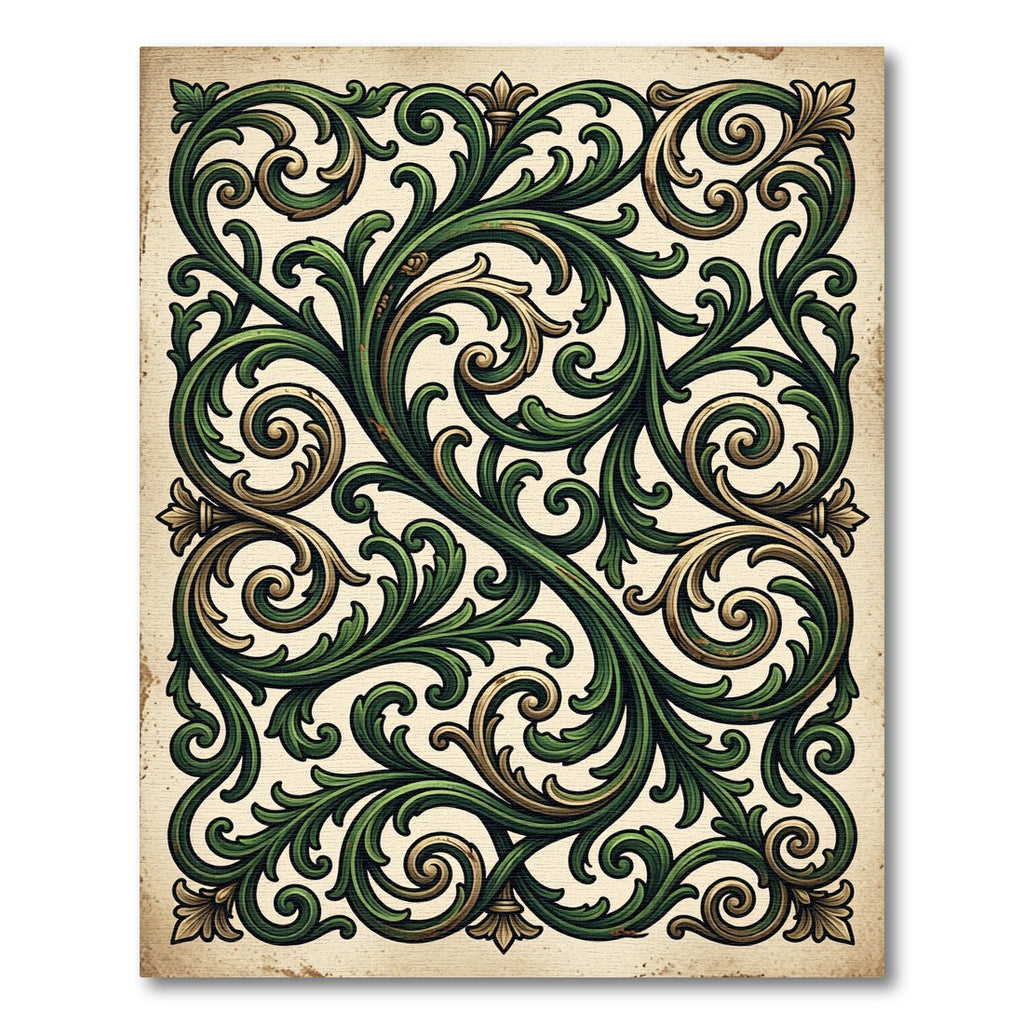 Ornate Green Gold Leaf Scrollwork Rug