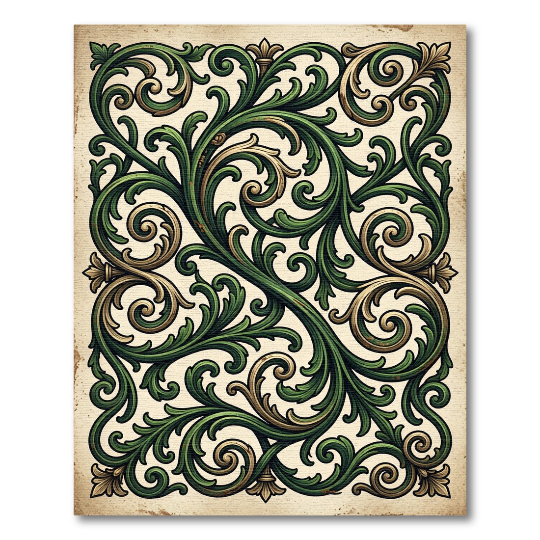 Ornate Green Gold Leaf Scrollwork Rug