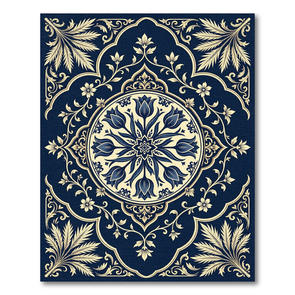 Navy Blue Cream Tulip Floral Medallion Rug