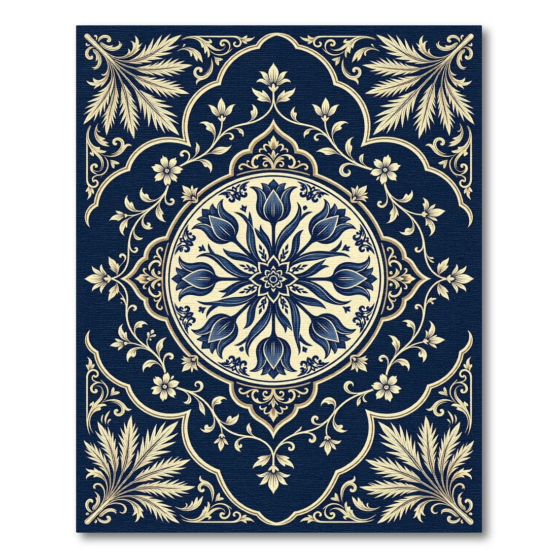 Navy Blue Cream Tulip Floral Medallion Rug