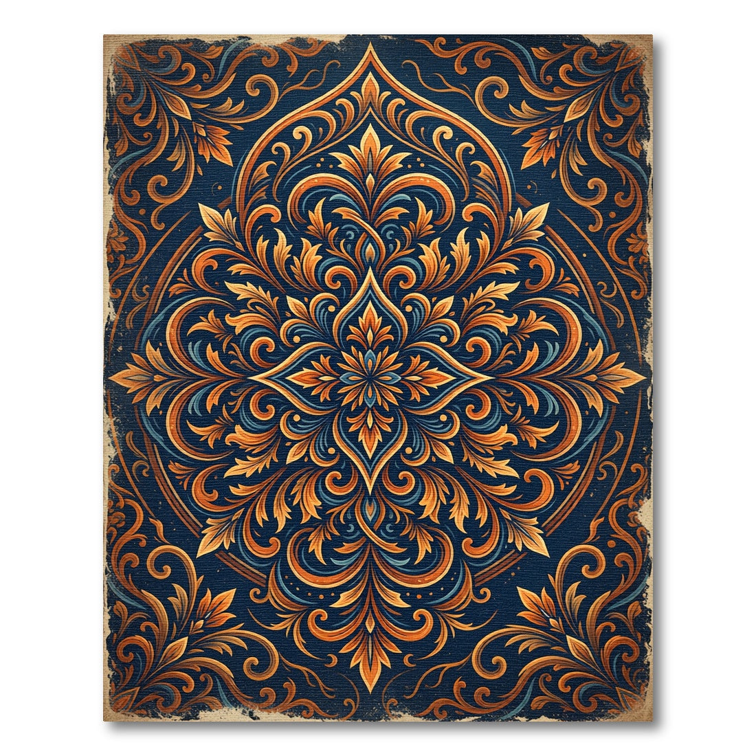 Elegant Amber Floral Medallion Navy Ornate Rug