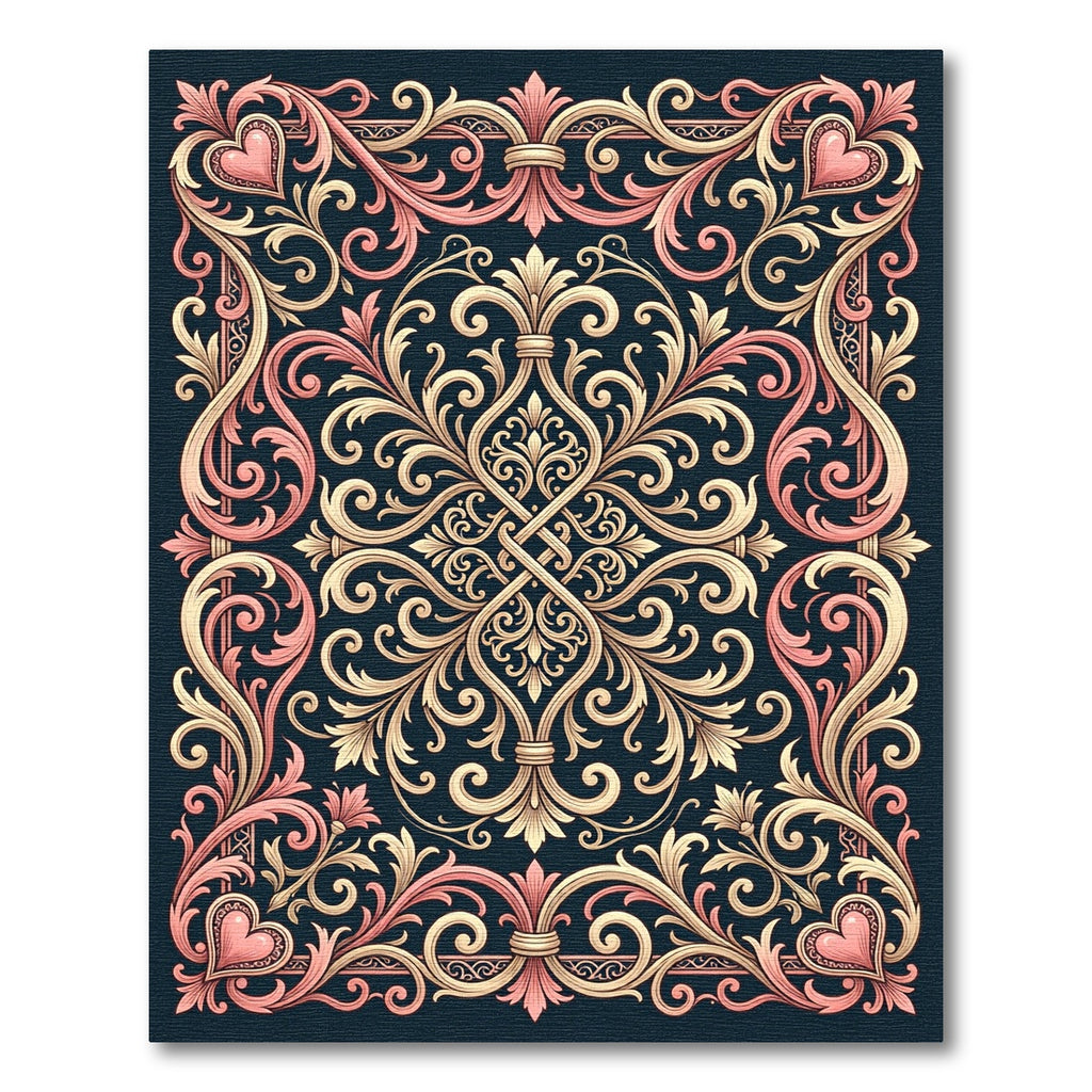 Ornate Gold Pink Scroll Heart Garland Rug