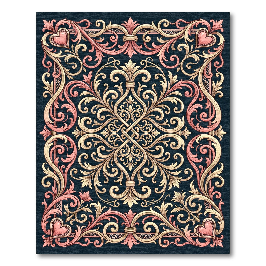 Ornate Gold Pink Scroll Heart Garland Rug