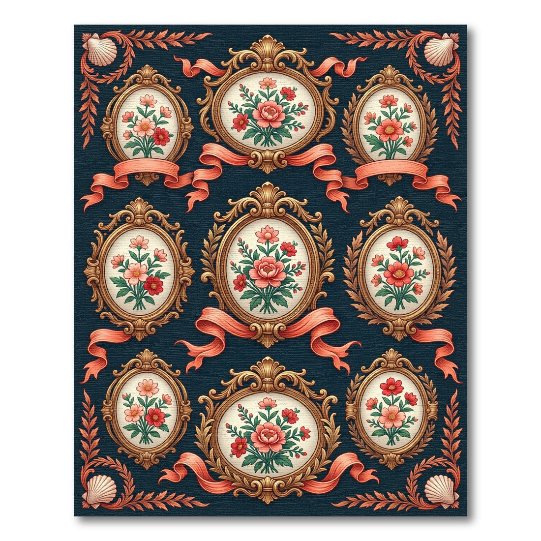 Ornate Floral Oval Cameo Ribbon Tapestry Rug