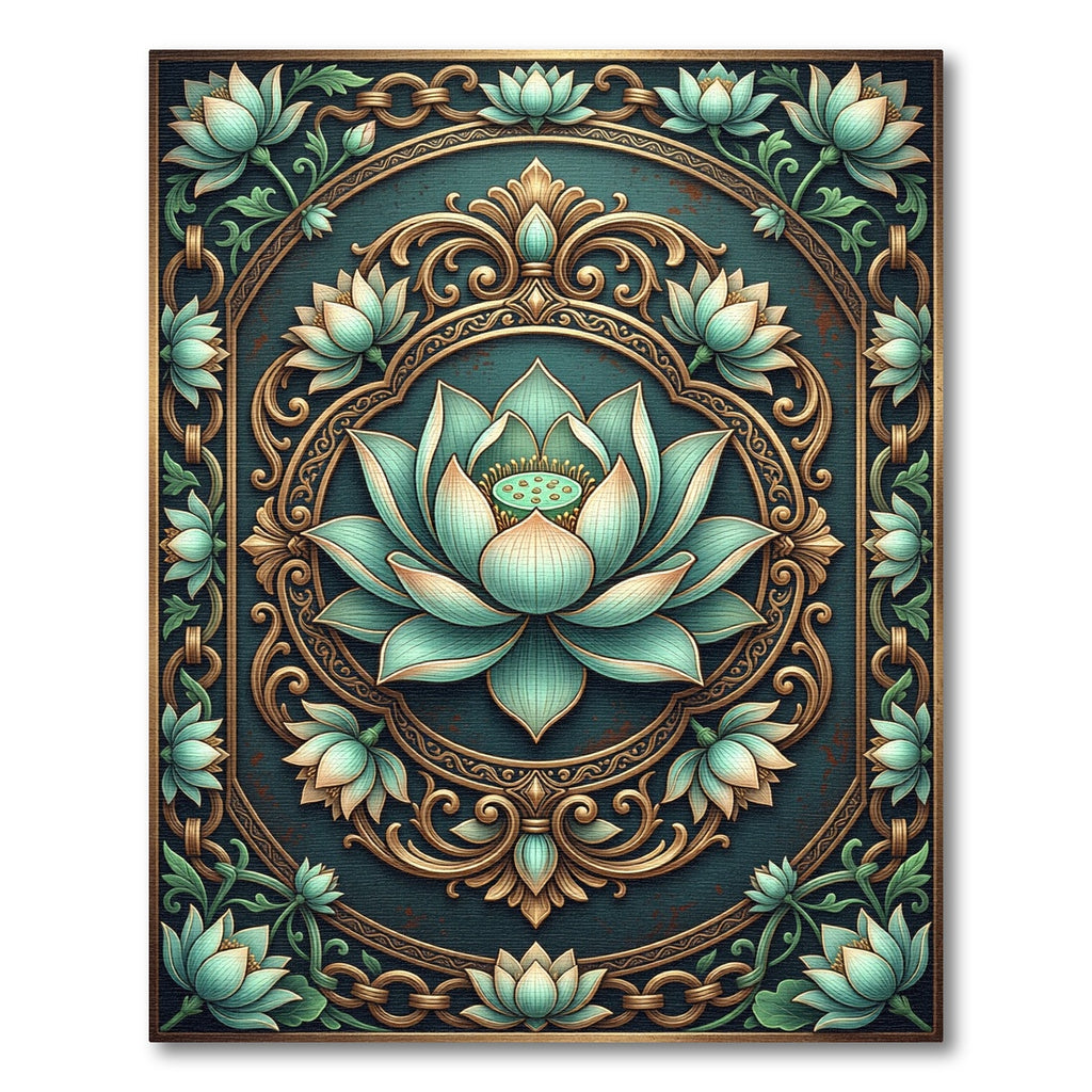 Ornate Teal Lotus Gold Medallion Rug