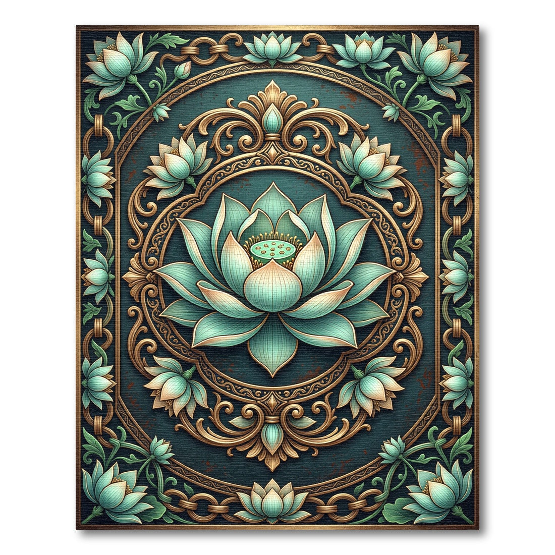 Ornate Teal Lotus Gold Medallion Rug