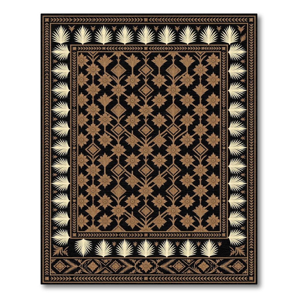 Black and Gold Floral and Leaf Border Rug