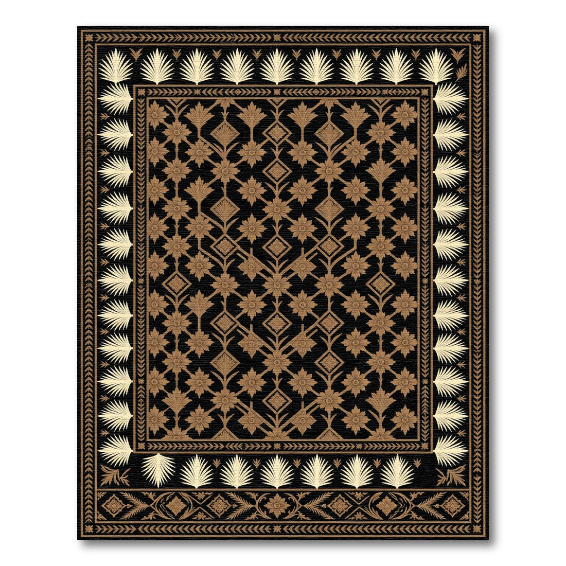 Black and Gold Floral and Leaf Border Rug