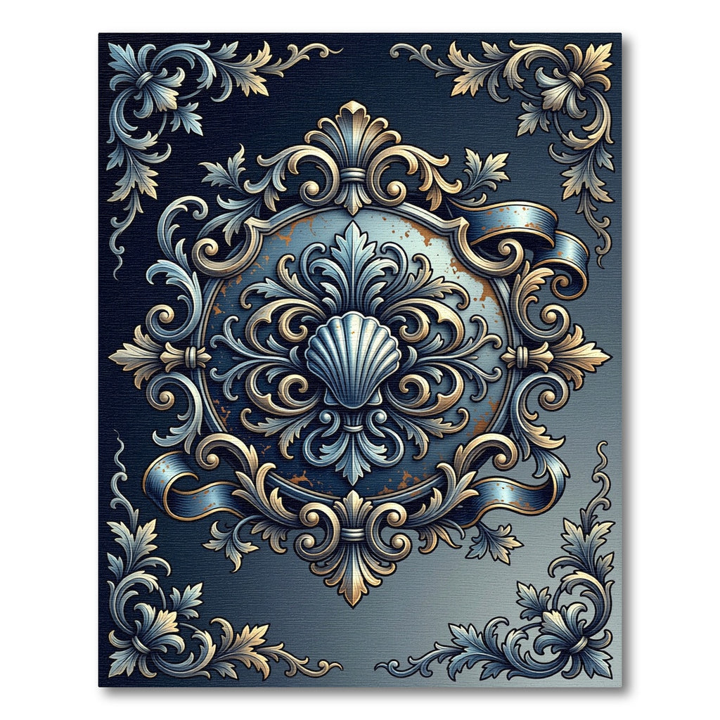 Ornate Blue Gold Seashell Baroque Medallion Rug