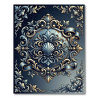 Ornate Blue Gold Seashell Baroque Medallion Rug