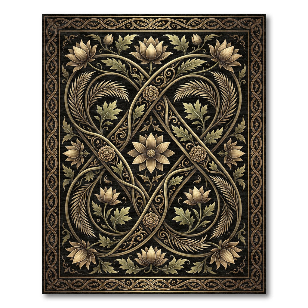 Ornate Gold Floral Entwined Scrollwork Rug