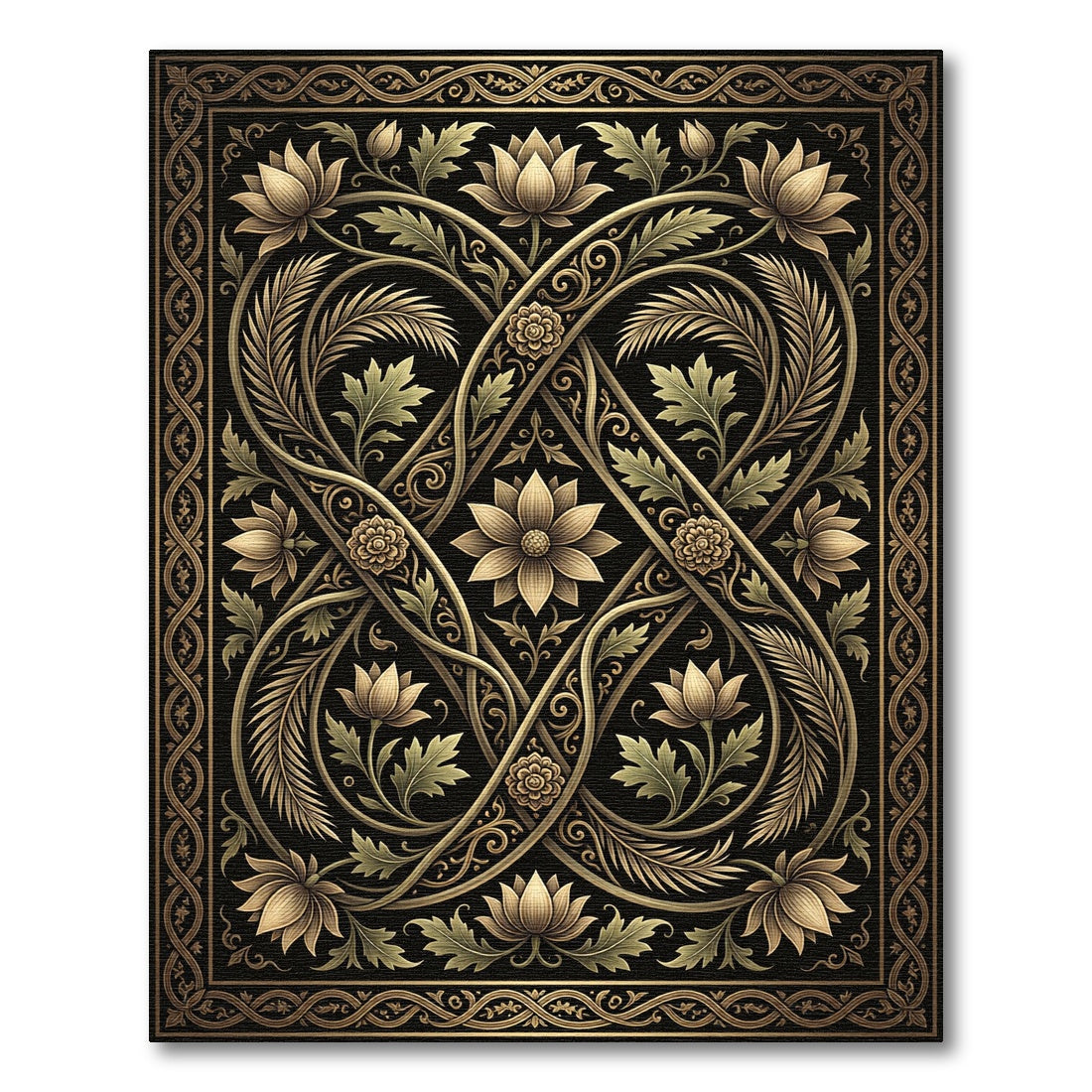 Ornate Gold Floral Entwined Scrollwork Rug