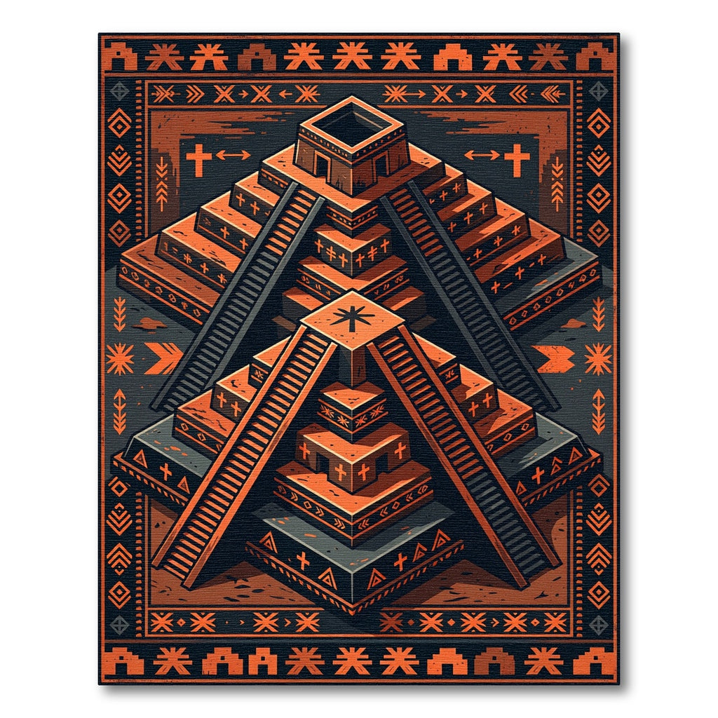 Geometric Aztec Terracotta Step Pyramid Art Rug