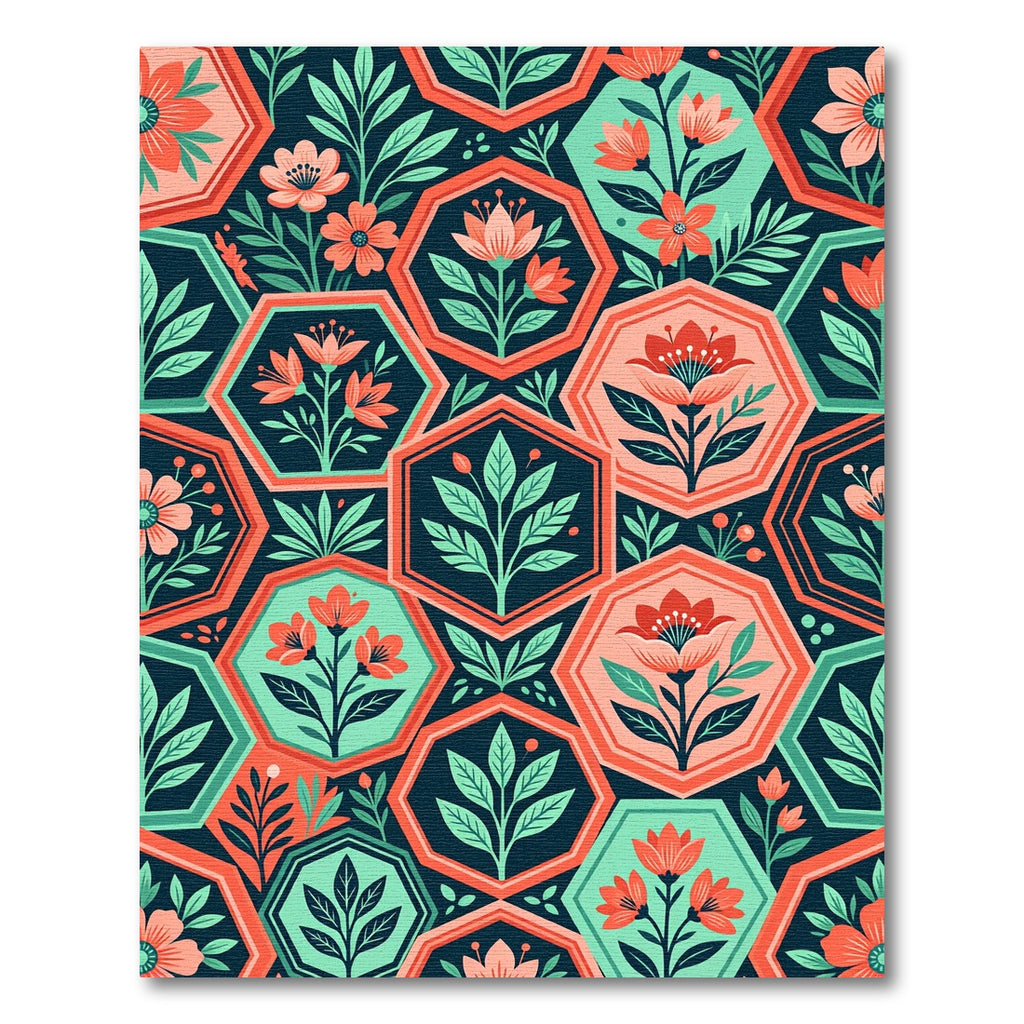 Coral Floral Hexagon Geometric Botanical Art Rug
