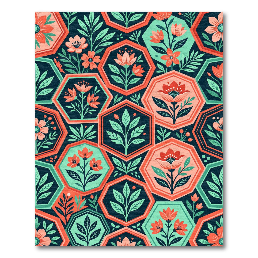 Coral Floral Hexagon Geometric Botanical Art Rug
