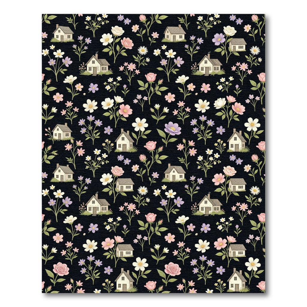 Country Cottage Floral Houses Black Rug