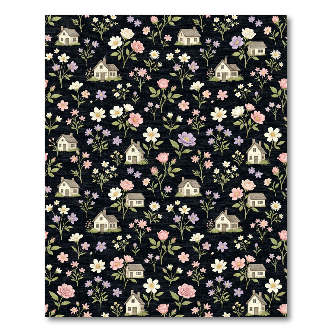 Country Cottage Floral Houses Black Rug