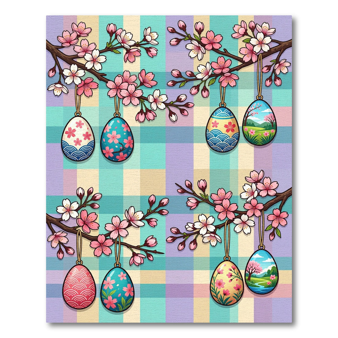 Pastel Plaid Cherry Blossom Easter Egg Rug