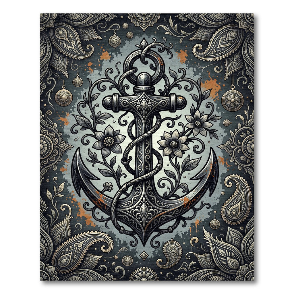 Ornate Floral Anchor Dark Grey Tapestry Rug