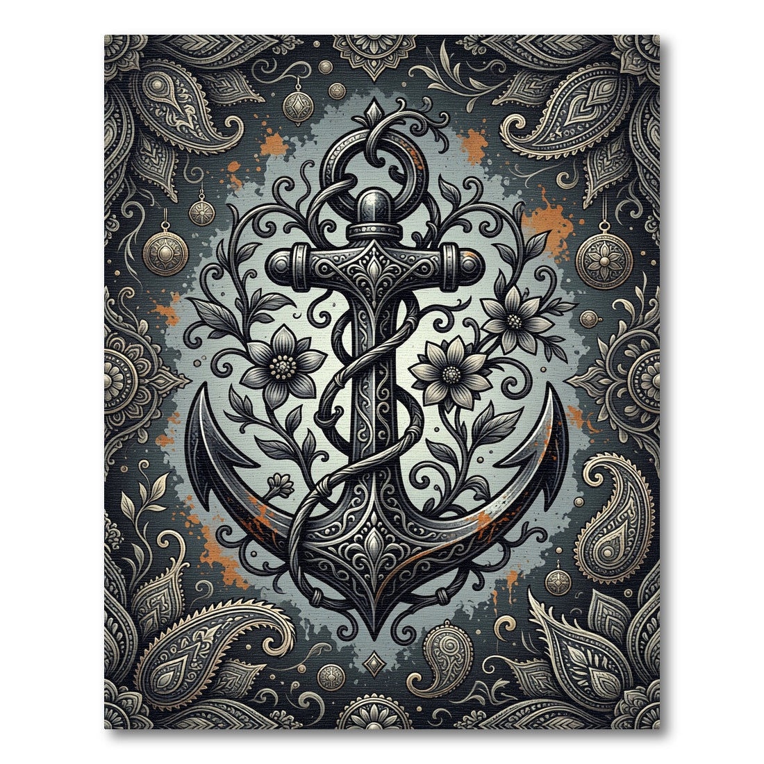 Ornate Floral Anchor Dark Grey Tapestry Rug
