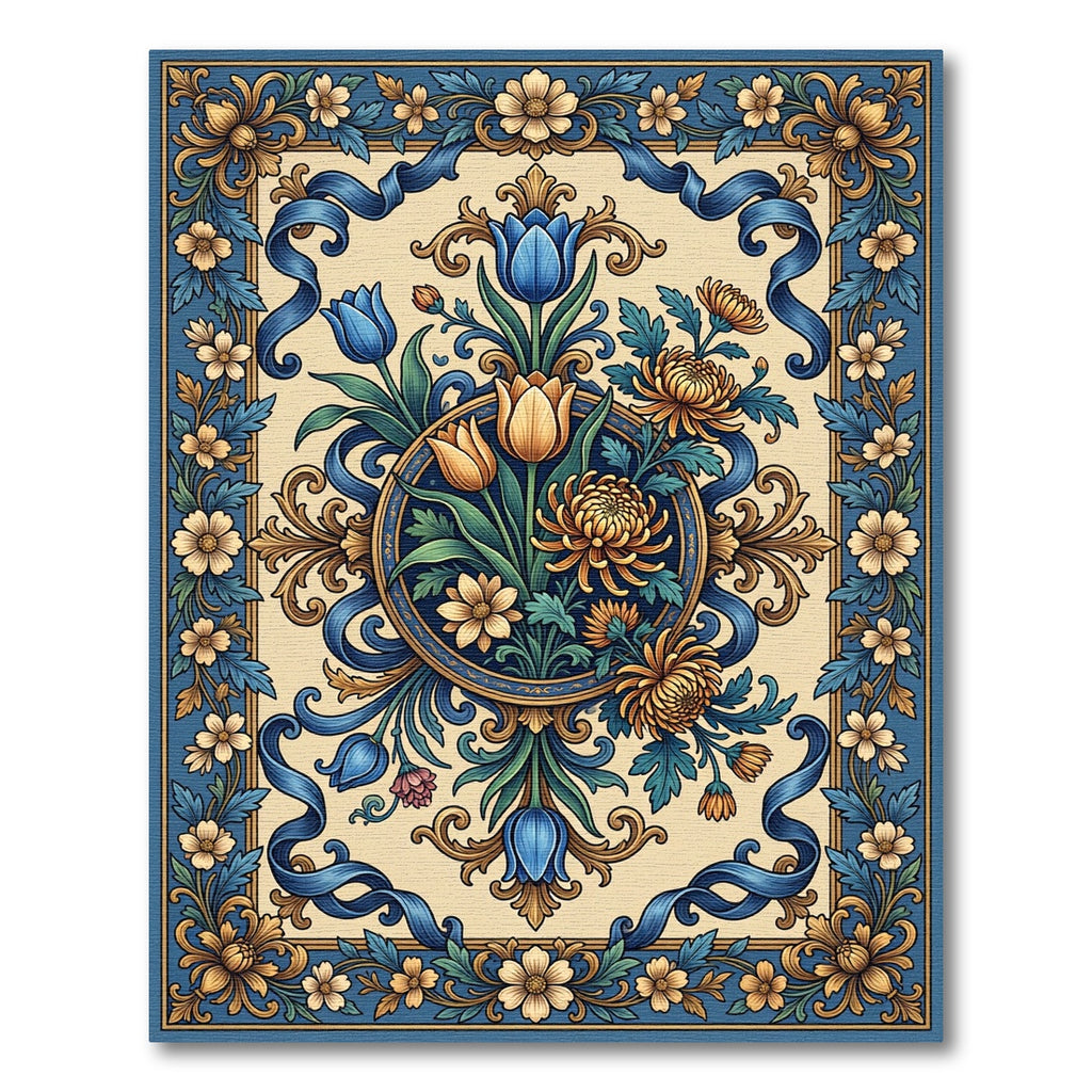 Ornate Blue Golden Floral Garland Rug