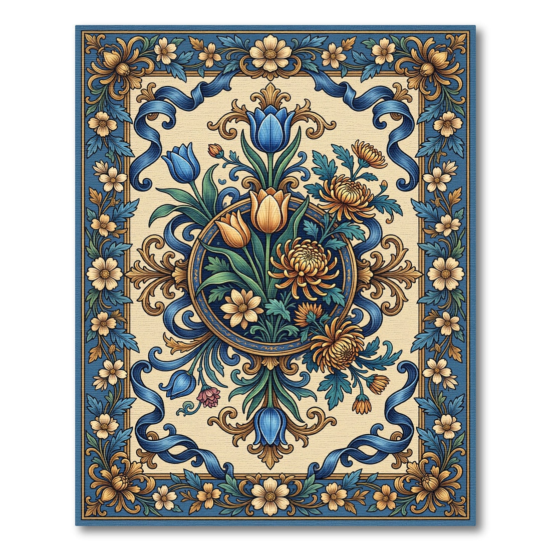 Ornate Blue Golden Floral Garland Rug